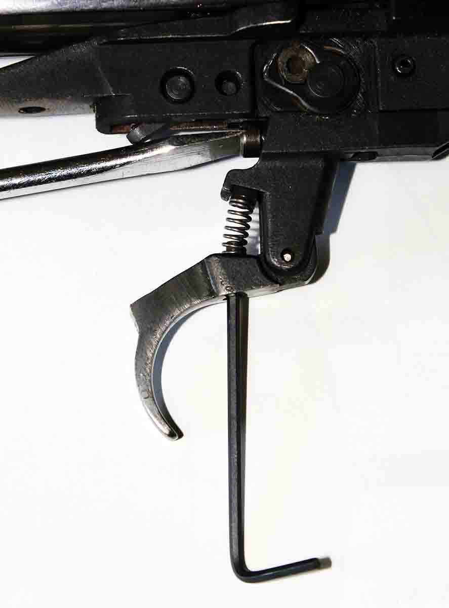 Original Ruger M77 bolt-action rifles include a user-adjustable trigger. Tweaking the trigger requires removing the action from the stock, a small flat-head screwdriver and tiny Allen wrench.